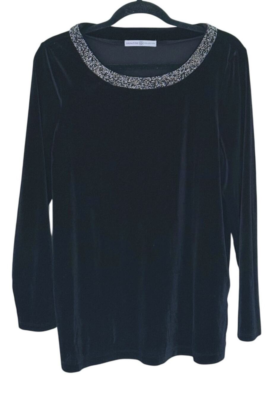 Signature Collection Womens Velour Rhinestone Collar Blouse Medium Black Glam